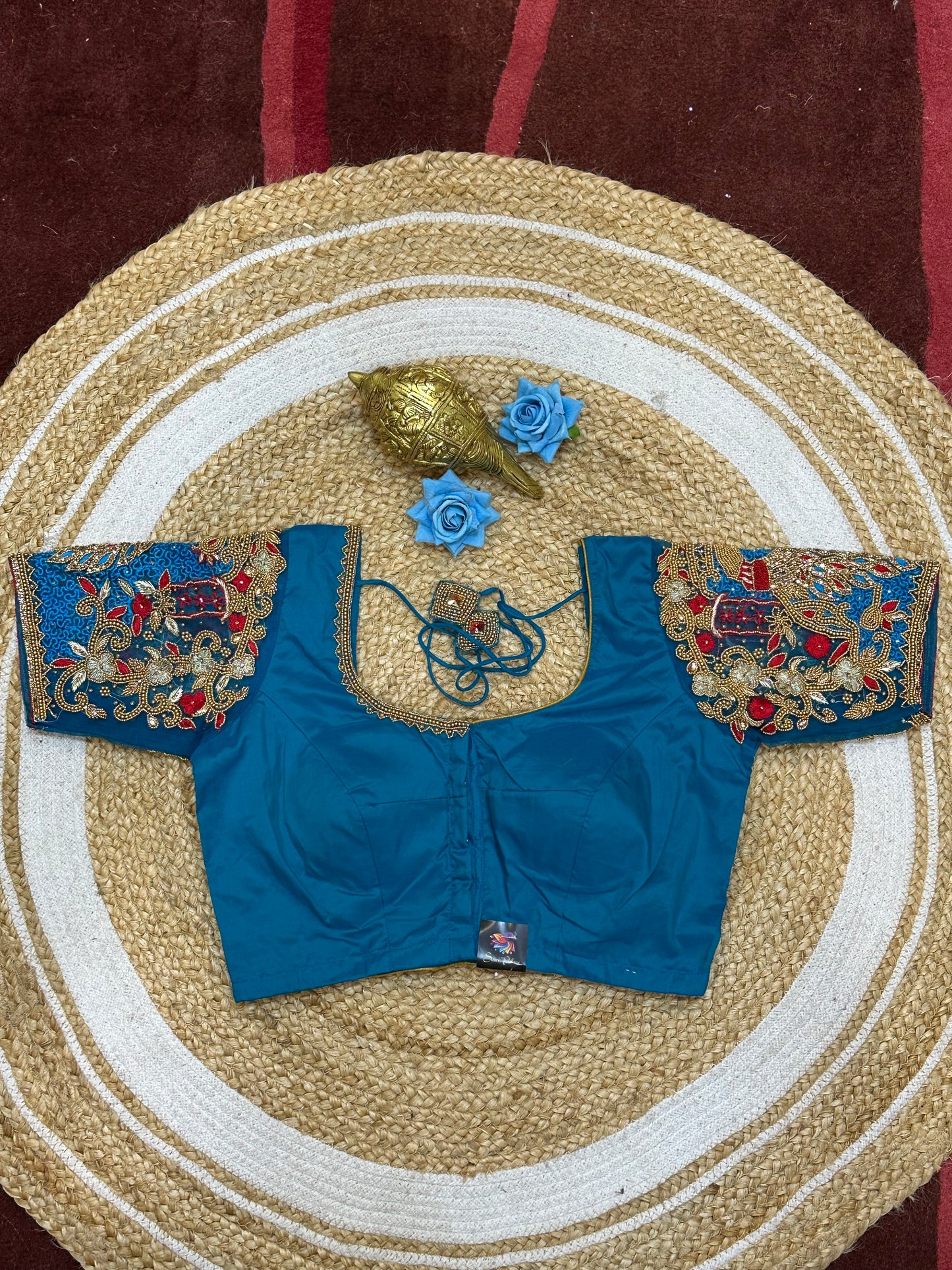 36” Small size Aari Worked Sari Blouse Indian Saree Blue Top B199