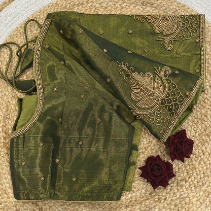 46” Size 16 Aari Worked Sari Blouse Indian Saree Top Silk Green B415