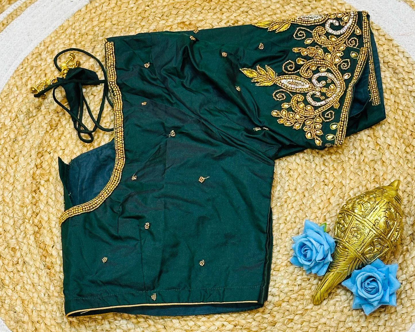 46” Size 16 Aari Worked Sari Blouse Indian Saree Top Silk Bottle Green B187