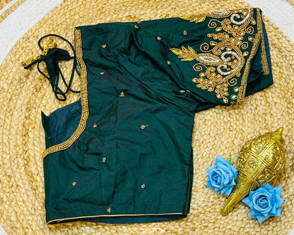 46” Size 16 Aari Worked Sari Blouse Indian Saree Top Silk Bottle Green B187