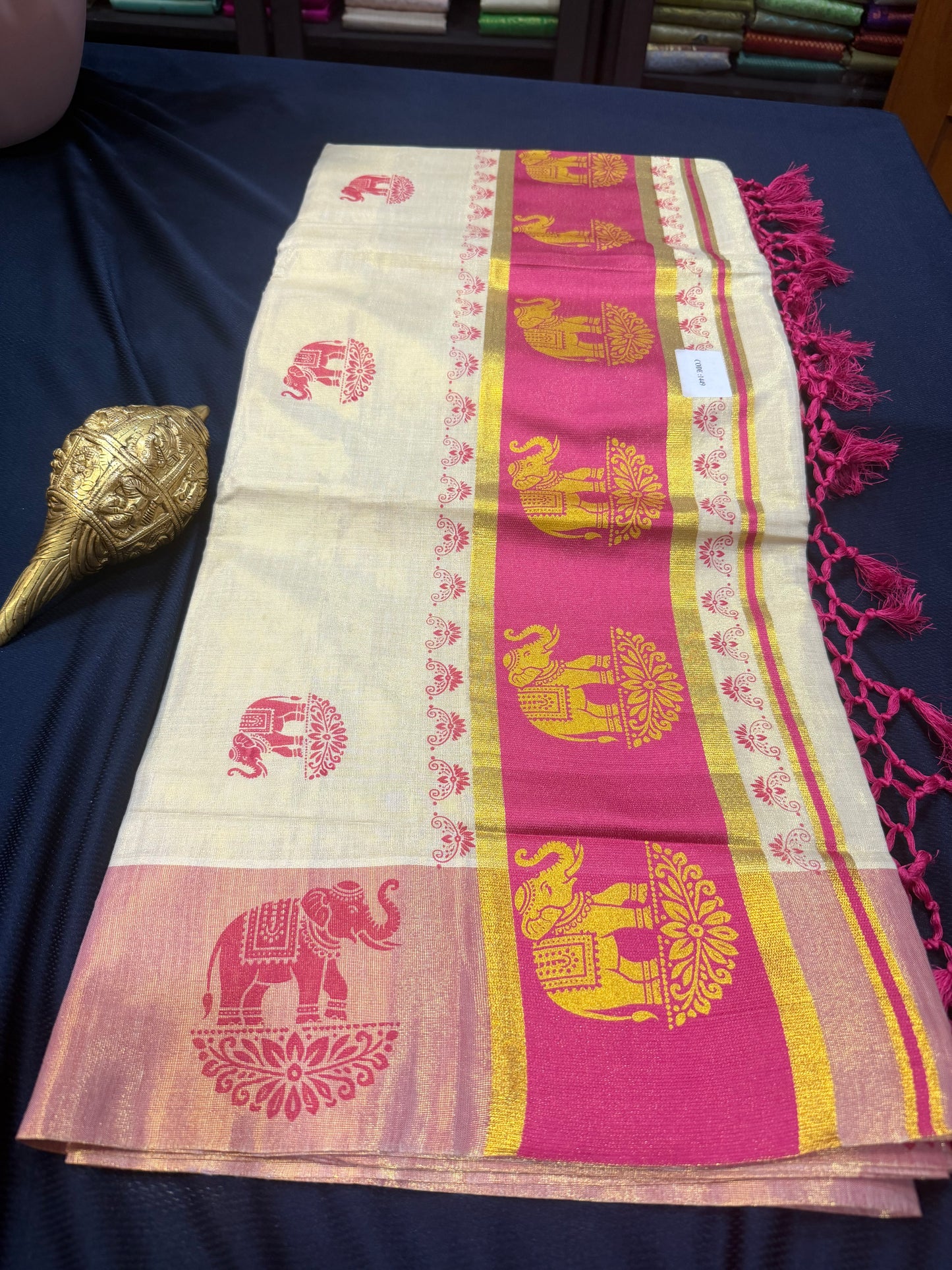 Pink Elephant Kerala Vishu Sari Indian Cream Tissue Saree C7