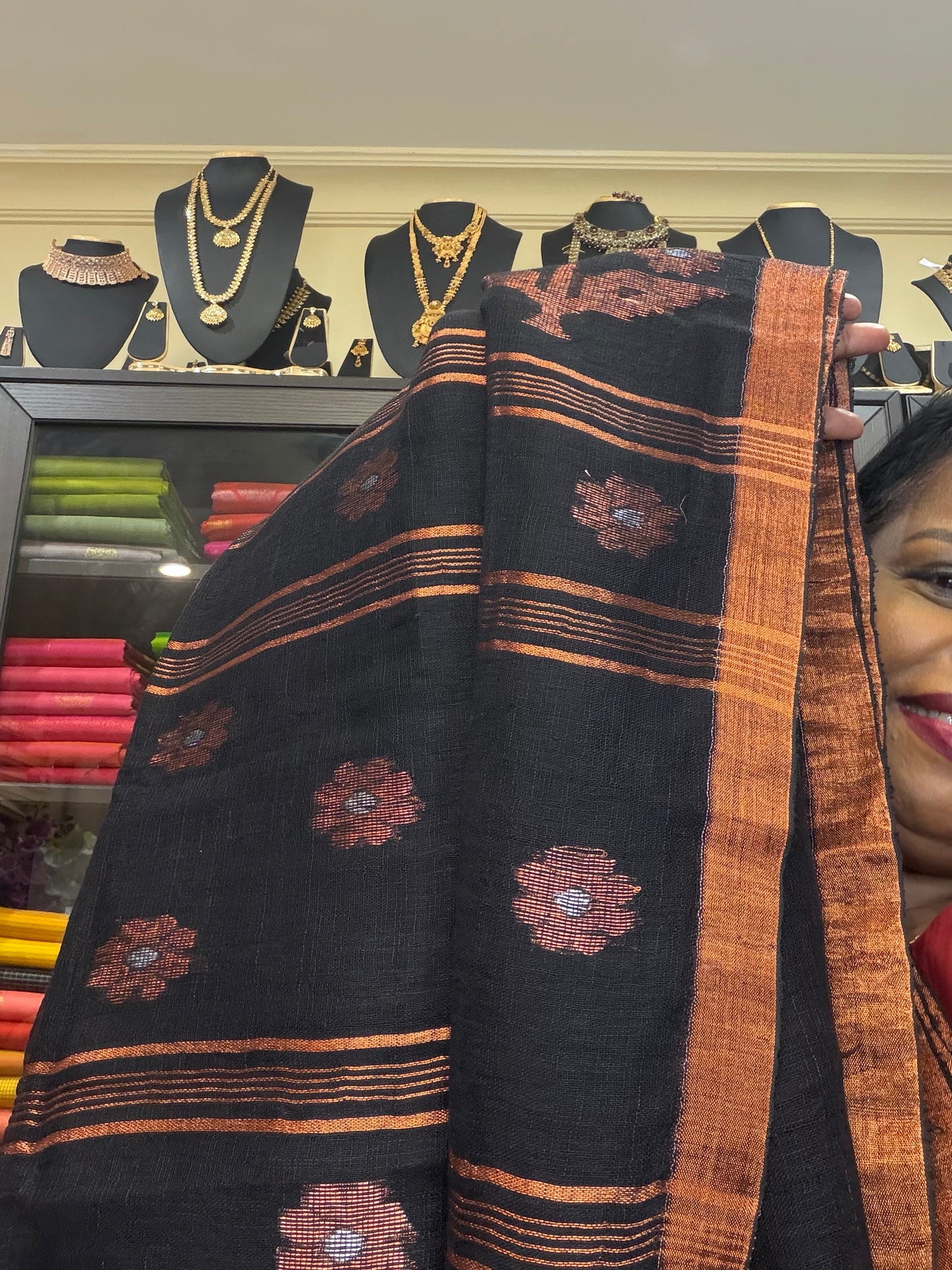 Silk Cotton Linen Sari Indian Saree Copper Jari Black S130