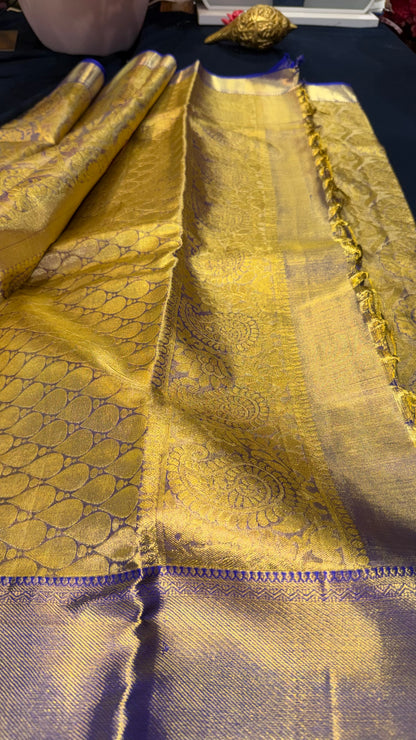 Kanchipuram Tissue Bridal Pure Silk Saree with Gold Zari Blue & Gold Sari| SPK097