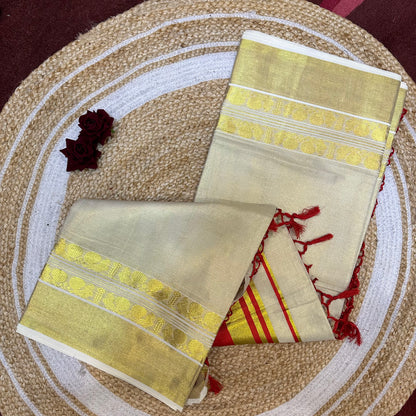 Red Kerala Vishu Sari Indian Cream Tissue Saree C35 - Col 7