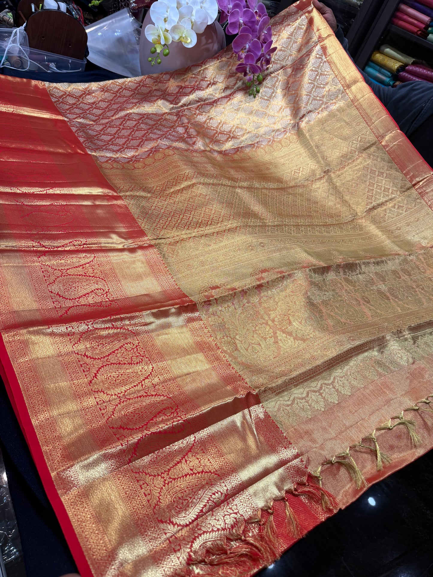 Bridal Tissue Kanchipuram Pure Silk Saree Gold & Red Kanjivaram Sari| SPK153
