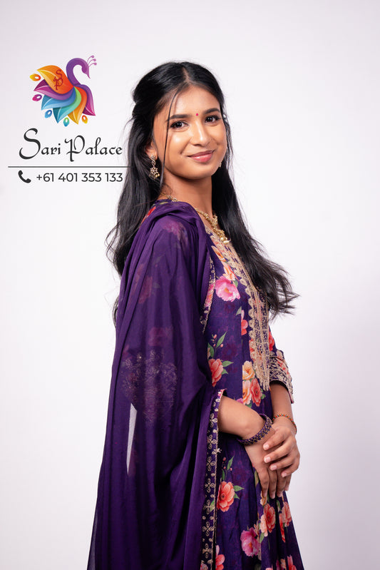 Purple Floral Indian Pakistani Outfit Salwar Kameez Sharara Suit EID S44