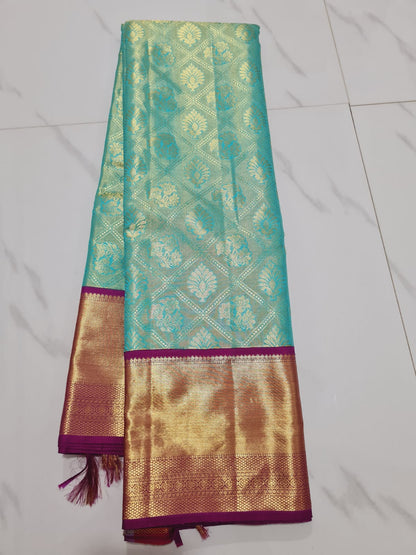 Bridal Tissue Kanchipuram Pure Silk Saree Aqua Kanjivaram Sari| SPK169
