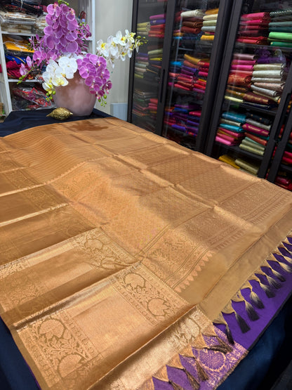 Bridal Kanchipuram Beige Fenugreek colour Pure Silk Saree Kanjivaram Sari SPK421