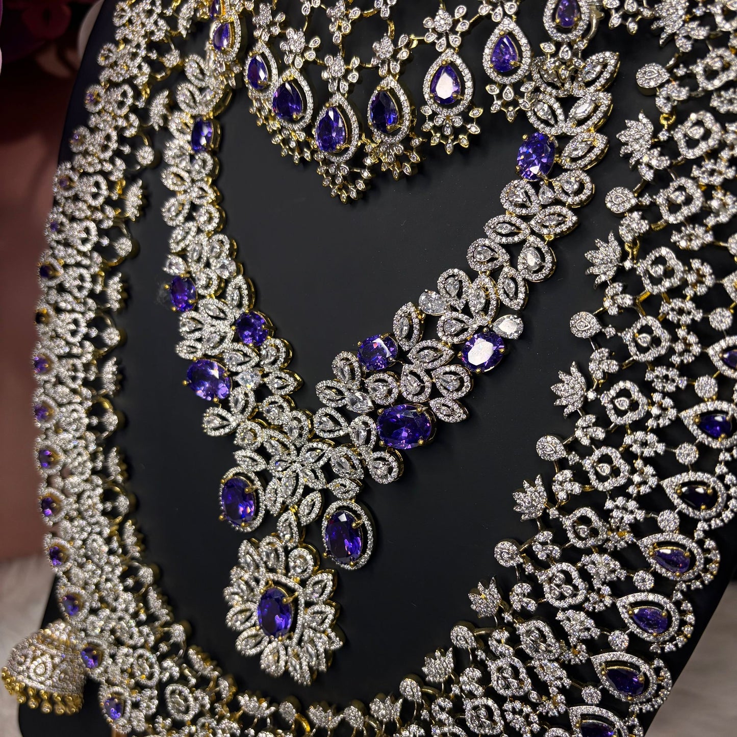 AD Bluish Purple and Silver Indian Bridal Necklace Haram set N37