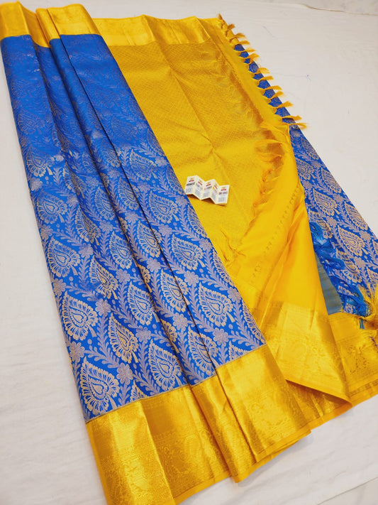 Kanchipuram Pure Silk Saree Blue & Yellow Kanjivaram Sari| SPK121