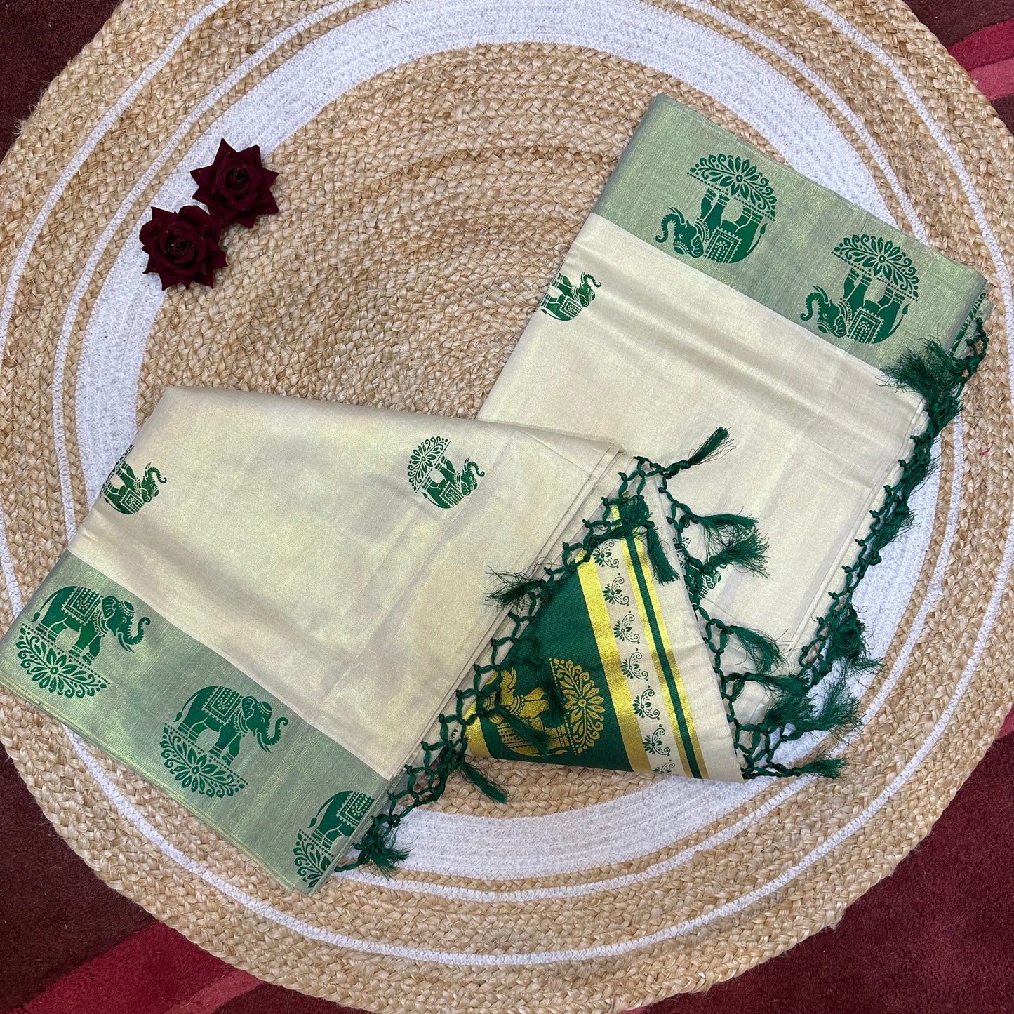 Turquoise Elephant Kerala Vishu Sari Indian Cream Tissue Saree C7