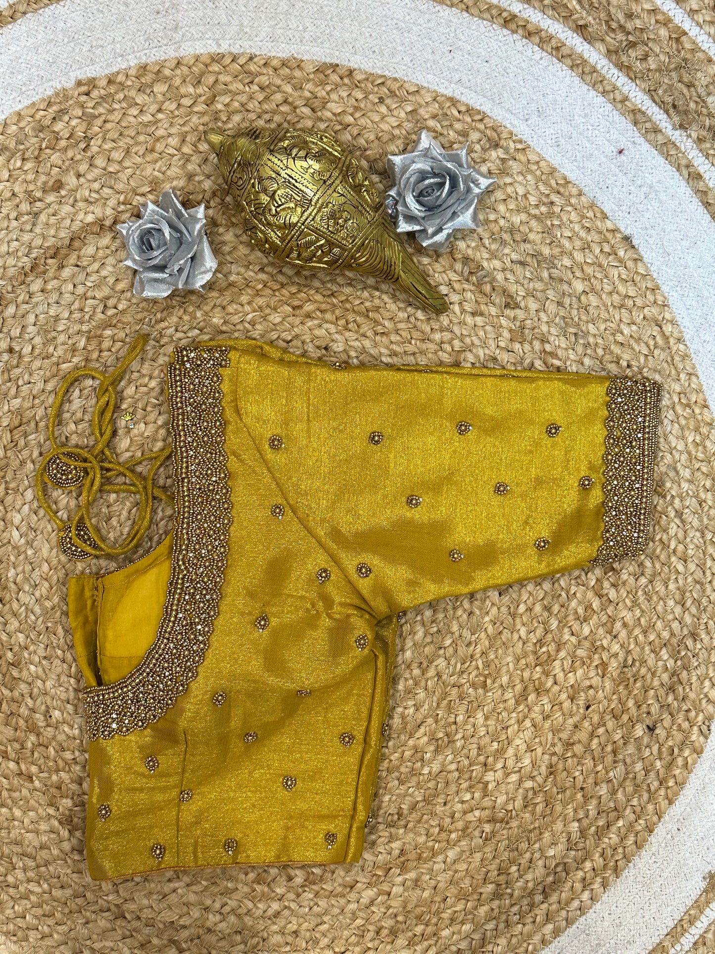 34” XS Aari Worked Sari Blouse Indian Saree Top Silk Gold B118