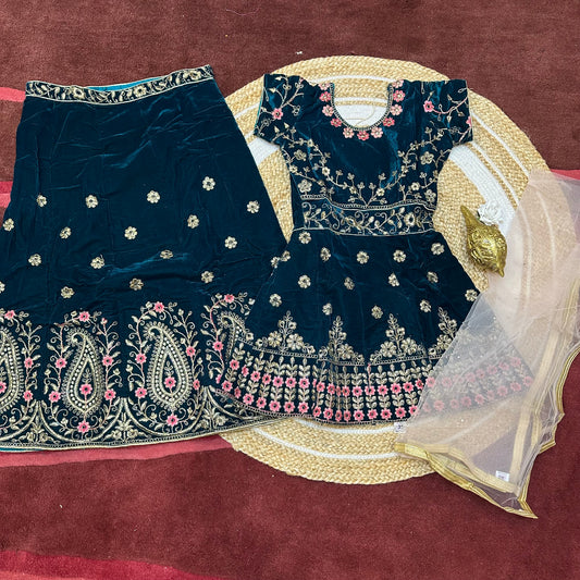 28” Size 6 to 7 Indian Peplum Lehenga Teal Green Pavadai Sattai Skirt Top G71 Col 2