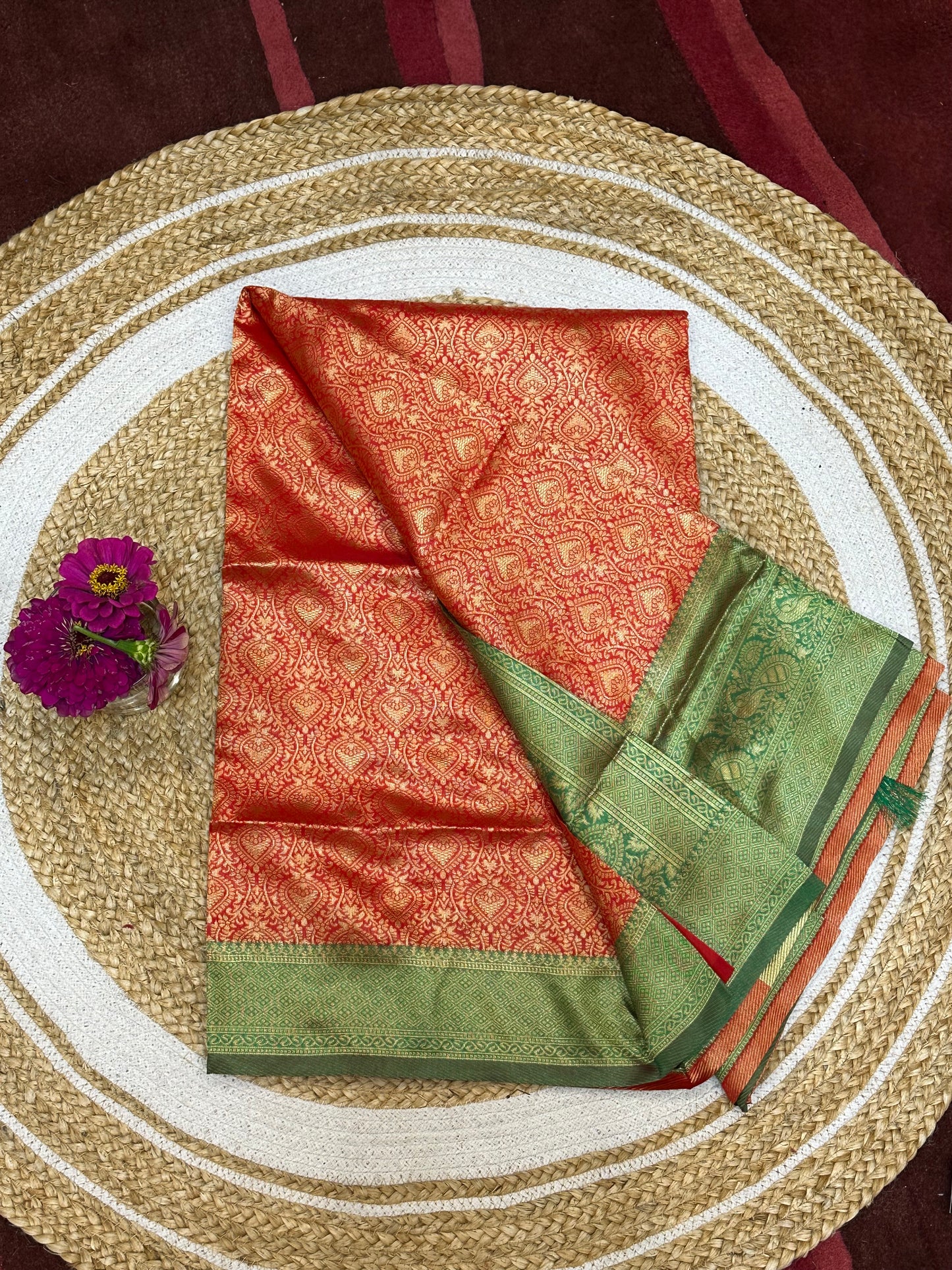 Art Silk Sari Indian Fancy Saree Red & Green S74