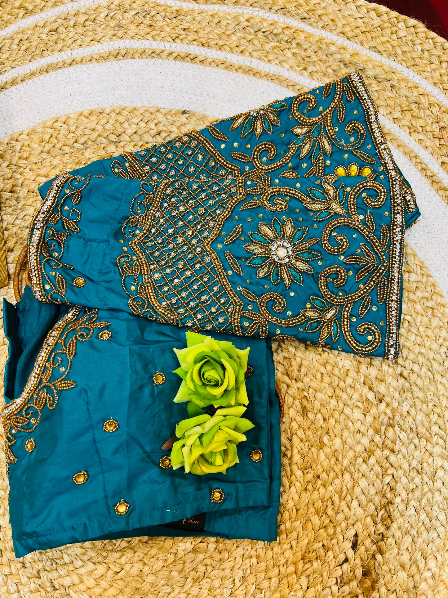 40” Bridal Aari hand Worked Sari Blouse Indian Top Choli Silk Teal Blue B42