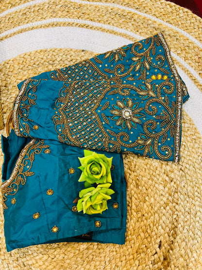 40” Bridal Aari hand Worked Sari Blouse Indian Top Choli Silk Teal Blue B42