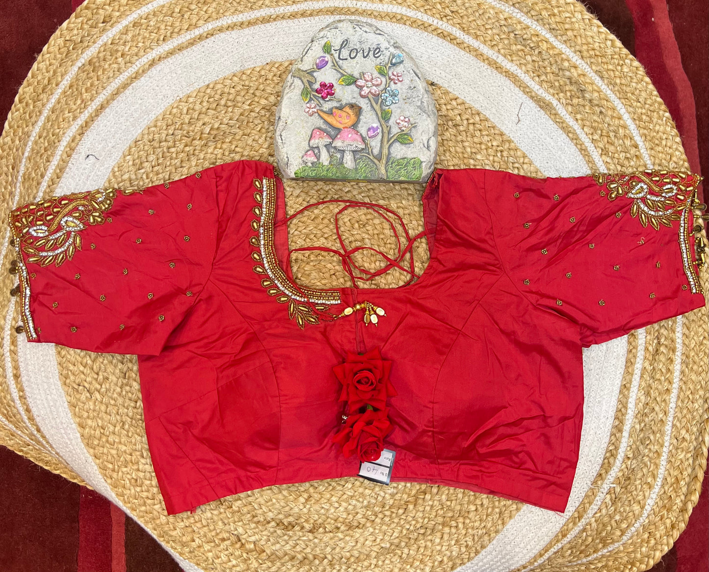 40” Aari hand Worked Sari Blouse Indian Top Choli Silk Red B31