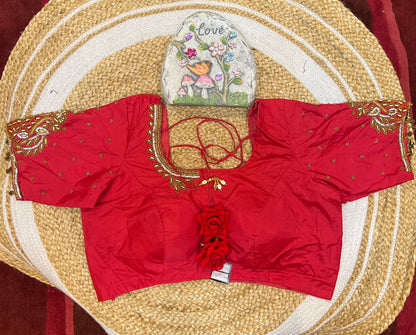 40” Aari hand Worked Sari Blouse Indian Top Choli Silk Red B31