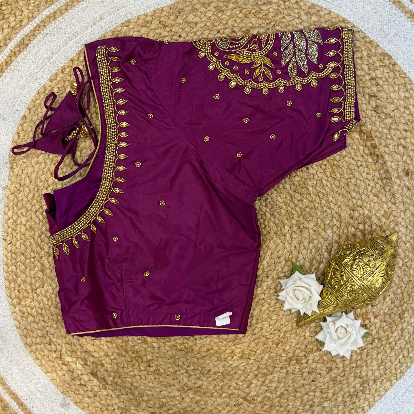 46” Size 16 Aari Worked Sari Blouse Indian Saree Top Silk Dark Purple B224