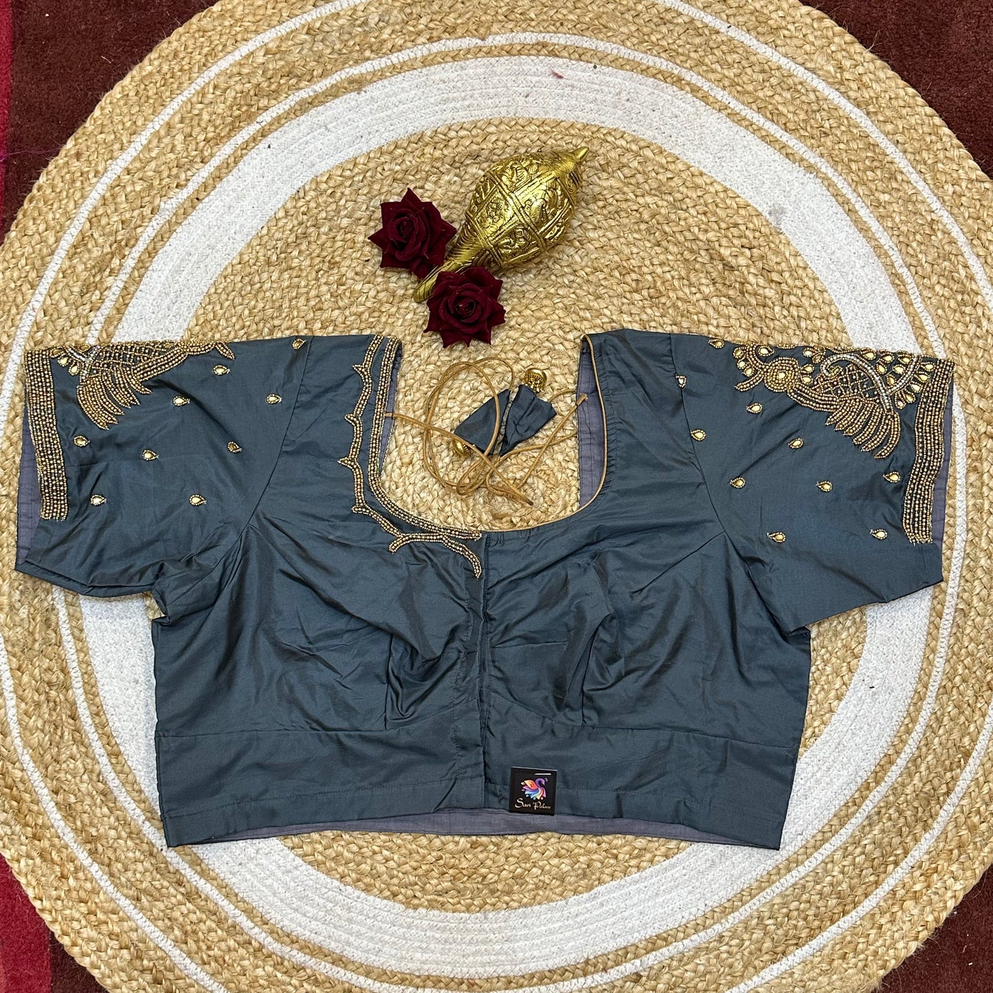 44” Size 14 Aari Worked Sari Blouse Indian Saree Top Silk Grey B245