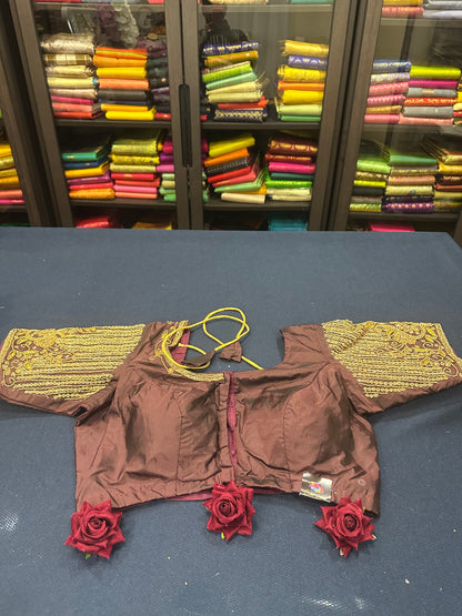 40” Aari hand Worked Sari Blouse Indian Top Choli Silk Maroonish Brown B16