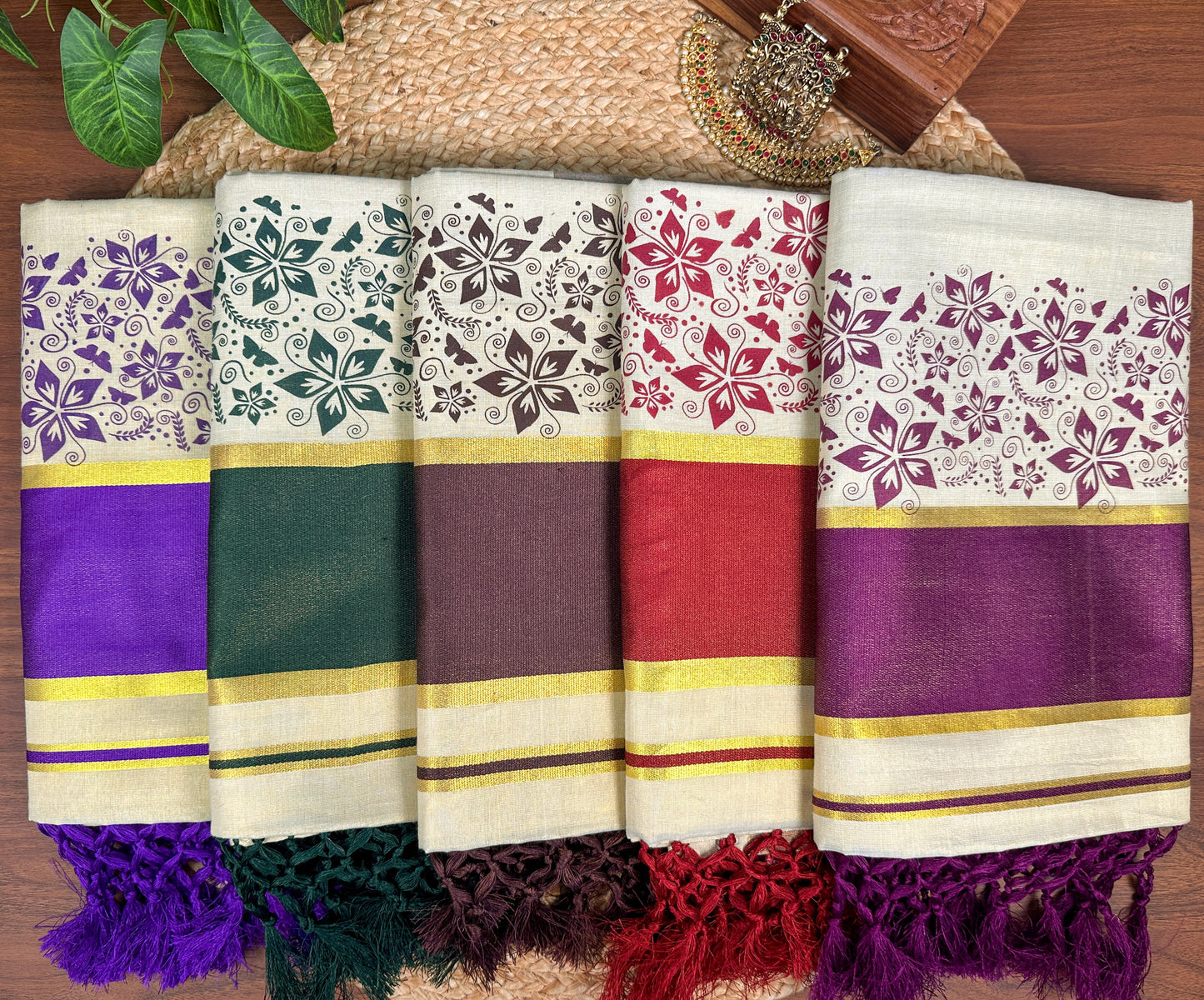 Plum Wine Kerala Vishu Sari Indian Premium Cream Saree C7
