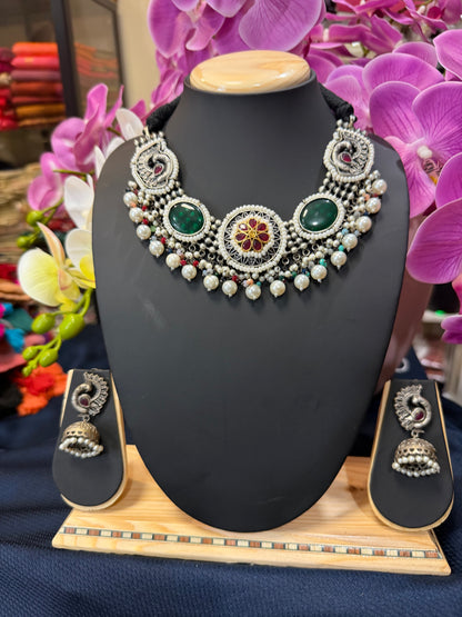 Handmade Brass Necklace with Silver polish Indian Tribal Green Jewellery N92