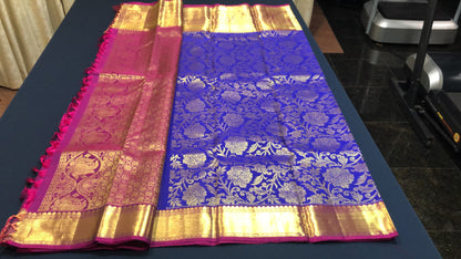 Bridal Kanchipuram Pure Silk Saree Blue & Pink Kanjivaram Sari| SPK