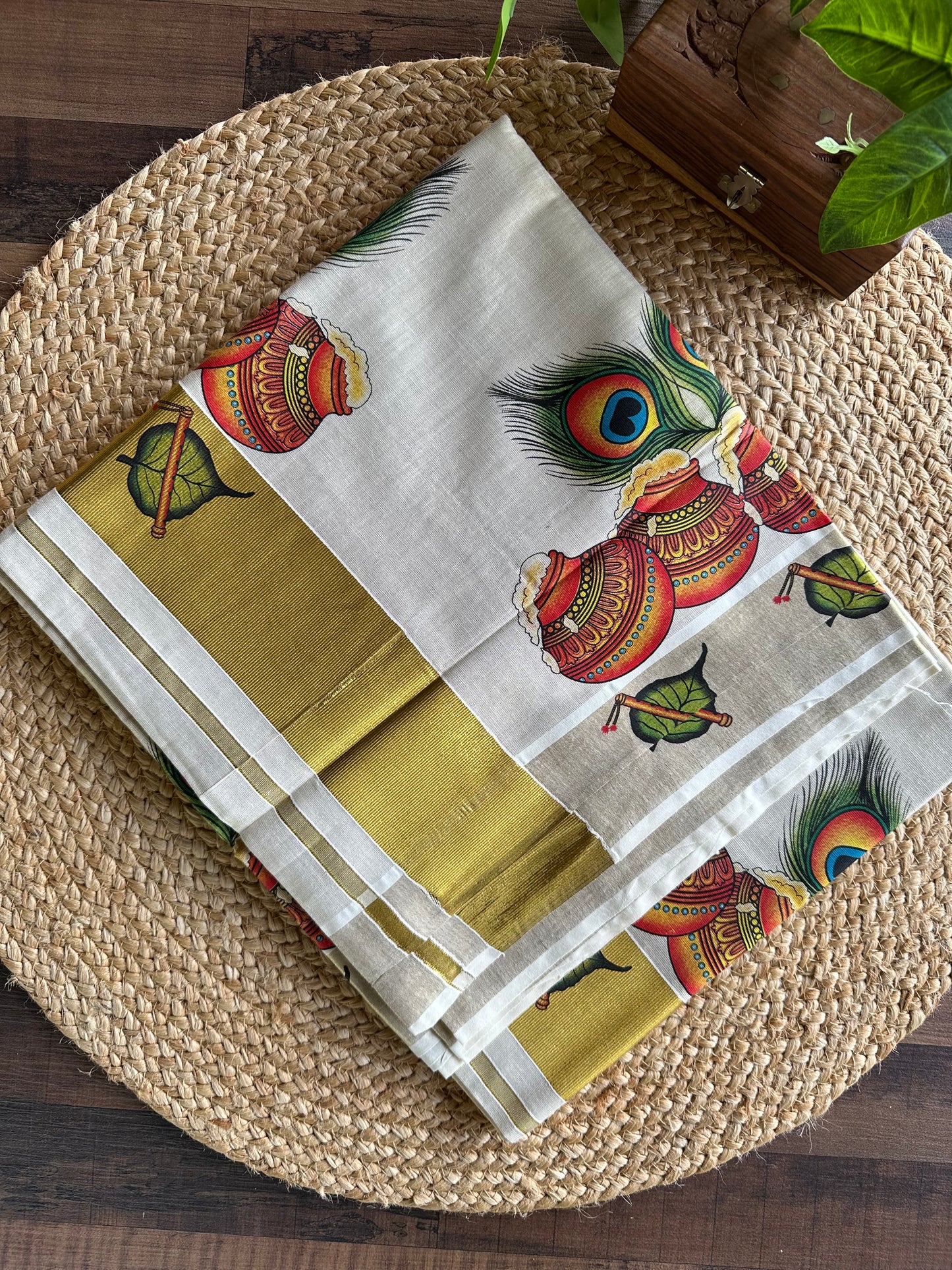 Kerala Vishu Sari Indian Cream Tissue hand Printed Onam Saree C7 - Col 6