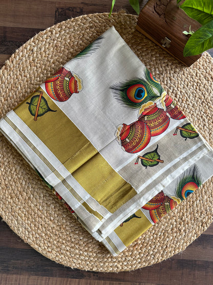 Kerala Vishu Sari Indian Cream Tissue hand Printed Onam Saree C7 - Col 6