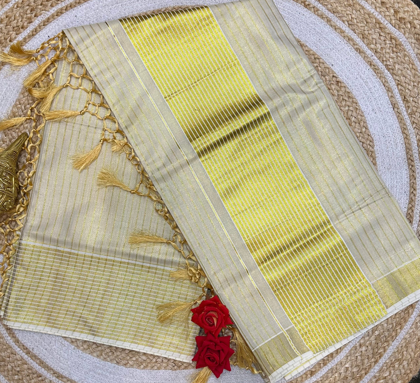 Kerala Vishu stripe Sari Indian Onam Gold Saree C17