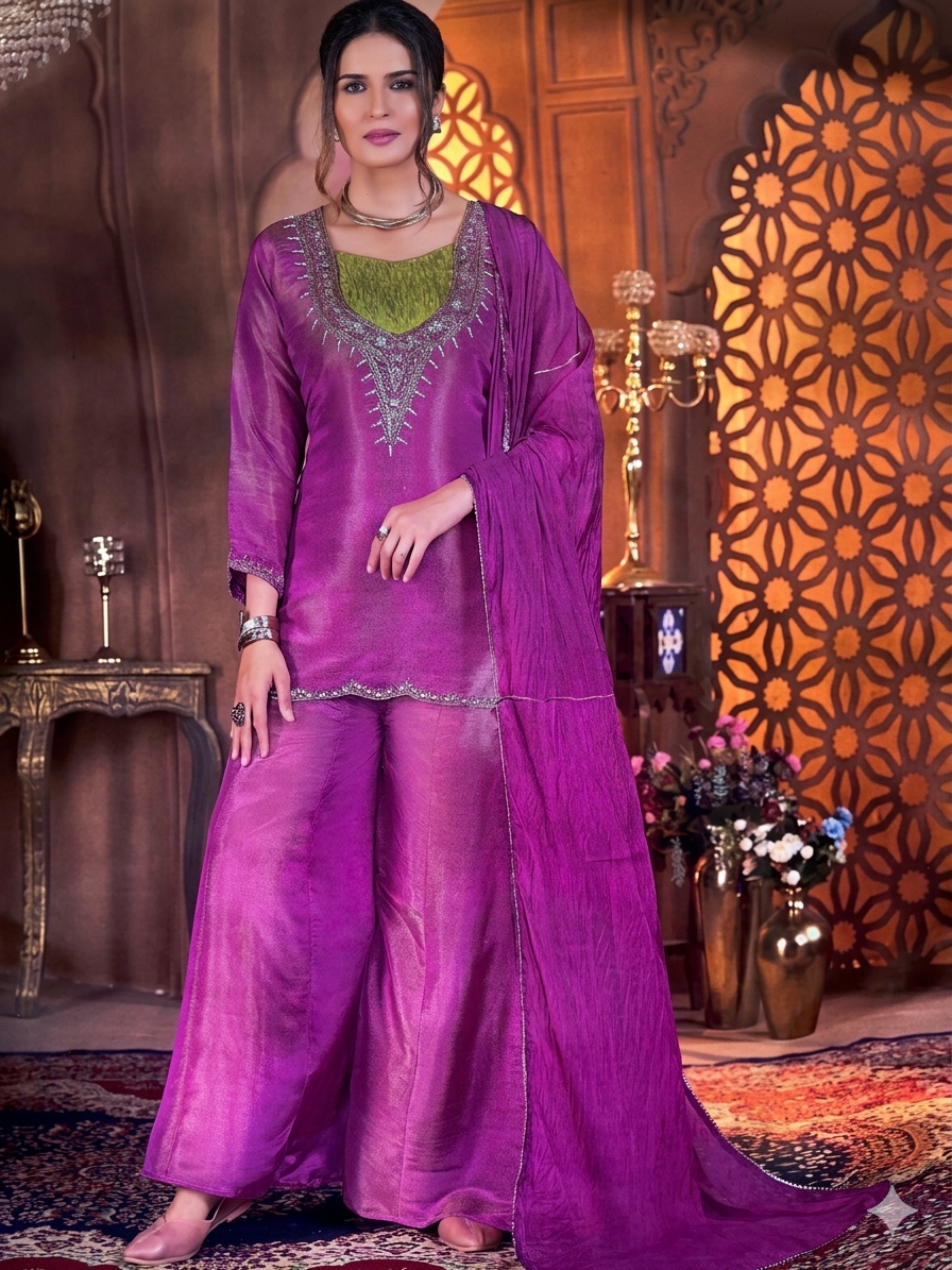 Purple Indian Pakistani Outfit Indo western Salwar Kameez Sharara Suit EID C3