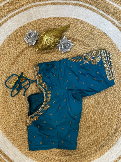 38” M Size 8 Aari Worked Sari Blouse Indian Saree Top Blue B179