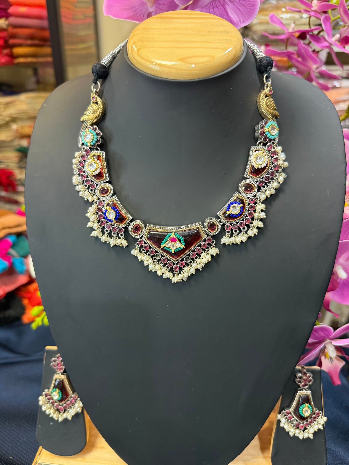 Handmade Brass Necklace with Silver polish Indian Tribal Maroon Jewellery N95