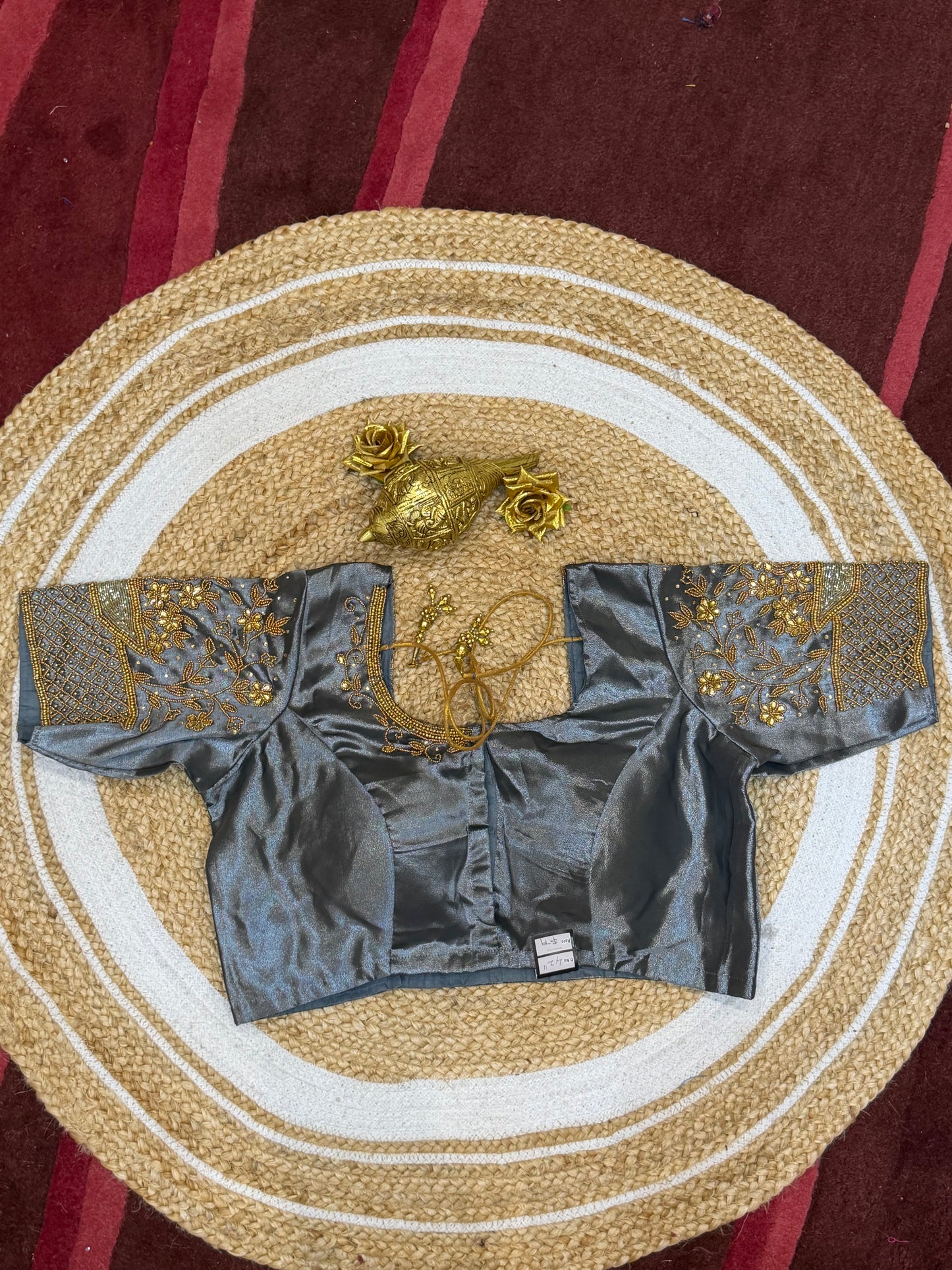 42” XL Size 12 size Aari Worked Sari Blouse Indian Saree Top Metallic Grey B152