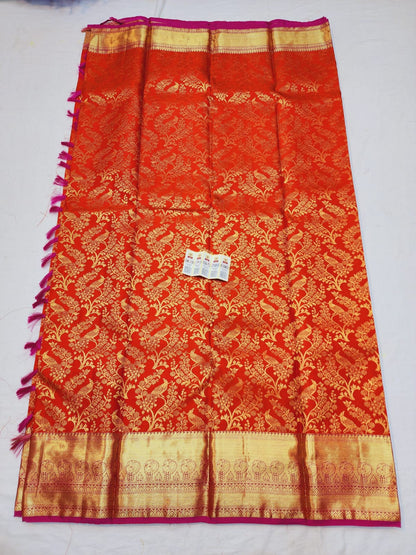 Kanchipuram Korvai Bridal Pure Silk Saree with Gold Zari Orange & Pink Sari| SPK074