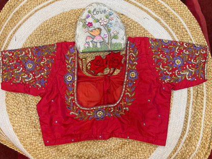 40” Aari hand Worked Sari Blouse Indian Top Choli Silk Red B32