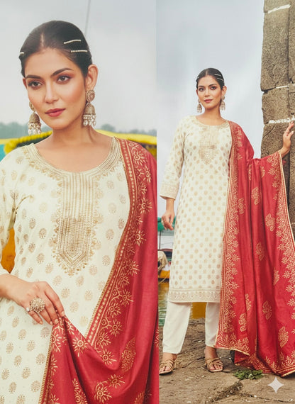 Indian Ladies Outfit White / Cream Rayon Salwar Kameez Kurti Suit SS32