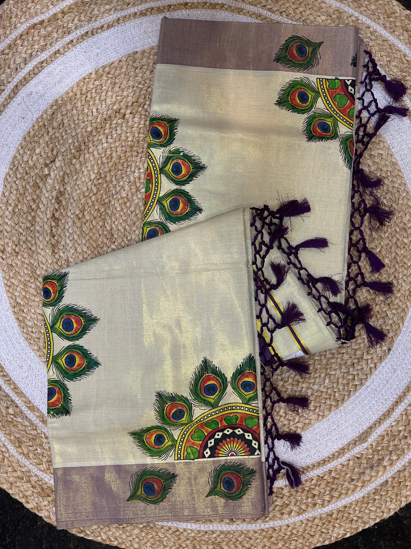 Kerala Vishu Sari Indian Cream Tissue hand Printed Kasavu Onam Saree C18