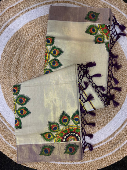 Kerala Vishu Sari Indian Cream Tissue hand Printed Kasavu Onam Saree C18