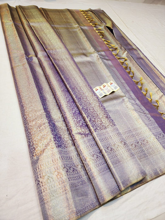 Bridal Tissue Kanchipuram Pure Silk Saree Gold Lavender Kanjivaram Sari| SPK152