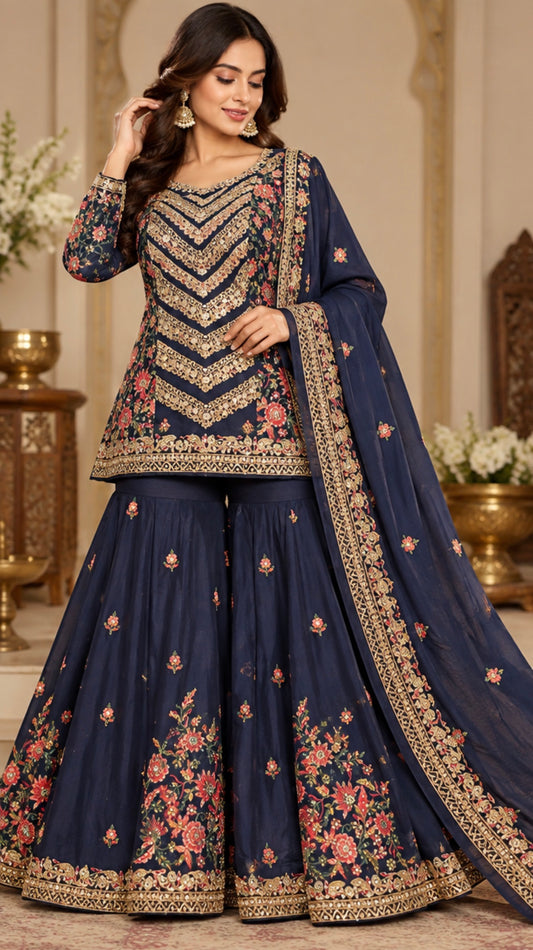 Indian Pakistani Outfit Shararas Salwar  Bollywood stylish Diwali Suit Size 44” Blue Y2