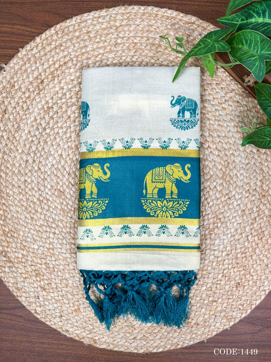 Turquoise Elephant Kerala Vishu Sari Indian Cream Tissue Saree C7