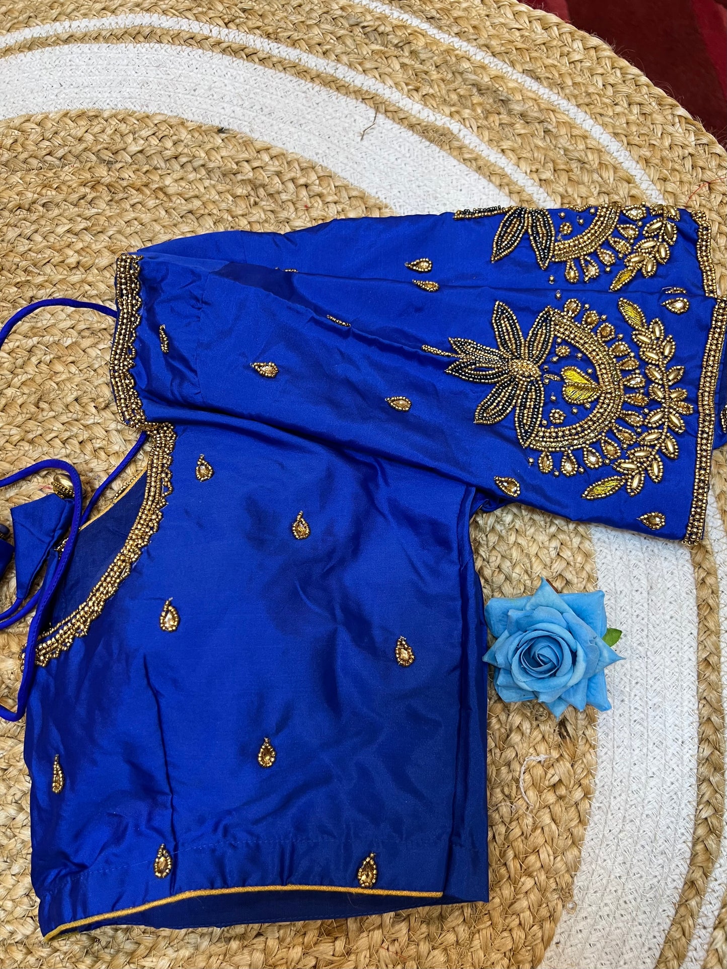 40” Aari hand Worked Sari Blouse Indian Top Choli Silk Royal Blue B34