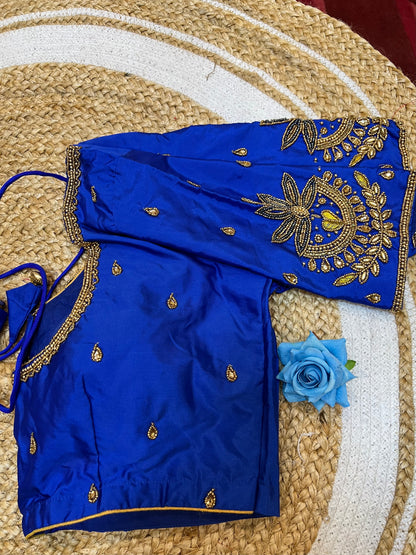 40” Aari hand Worked Sari Blouse Indian Top Choli Silk Royal Blue B34