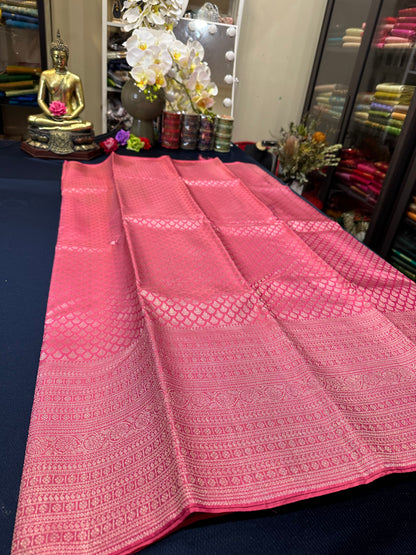 Kerala style Kanchipuram Pure Silk Pink Saree Matt Zari Kanjivaram Sari| SPK136