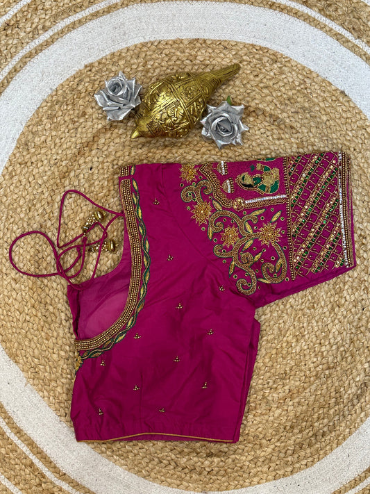 44” Size 14 Aari Worked Sari Blouse Indian Saree Top Silk Pink B136