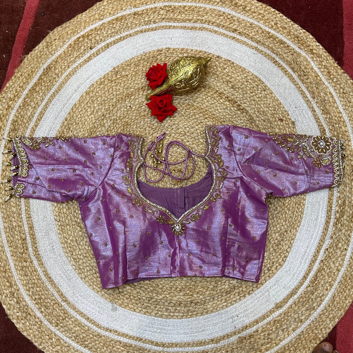 38” M Size 8 Aari Worked Sari Blouse Indian Saree Top Metallic Pink B294