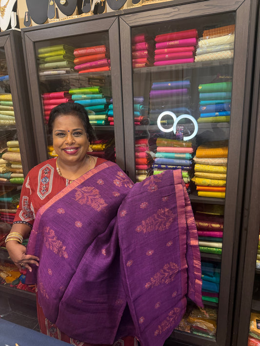 Silk Cotton Linen Sari Indian Saree Copper Jari Plum Pink S132