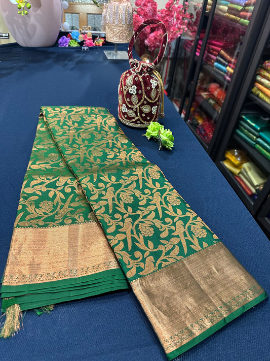 Kanchipuram Pure Silk Saree Green & Copper Kanjivaram Sari| SPK129